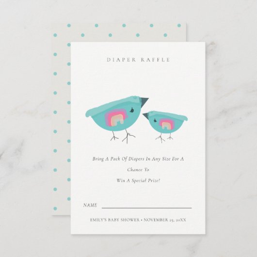 かわいいレインボーブルーバーディおむつラッフルベビーシャワー エンクロージャーカード (正面/裏面)