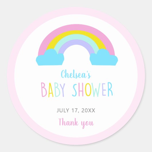 かわいいレインボーベビーシャワーありがとうピンクパステル ラウンドシール (正面)