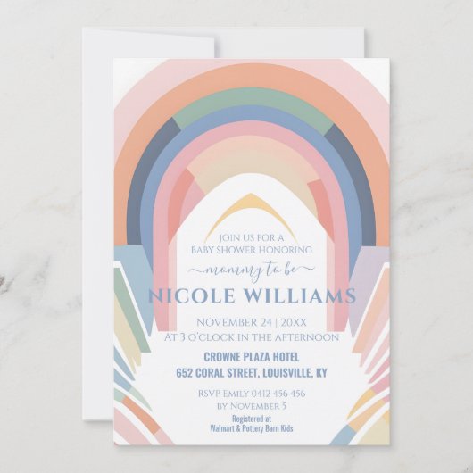 かわいいレインボーベビーシャワーミニマリストパステルRSVP 招待状 (正面)