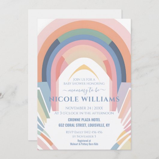 かわいいレインボーベビーシャワーミニマリストパステルRSVP 招待状 (正面/裏面)