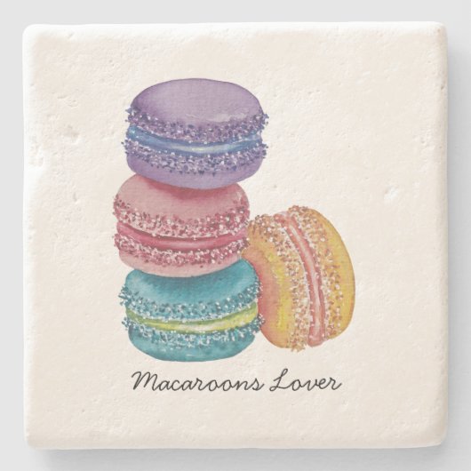かわいいレインボーマカロンの水彩画 ストーンコースター (正面)