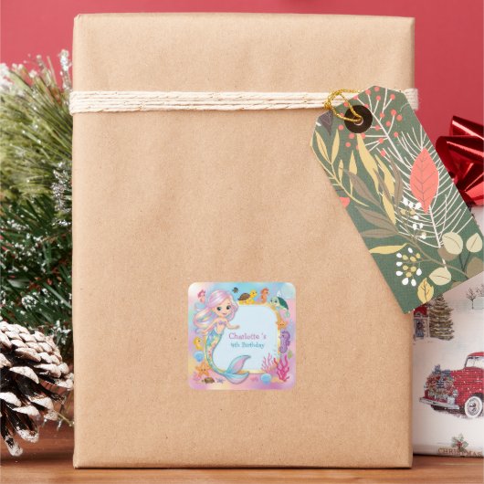 かわいいレインボーマーメイドフィッシュシーホースのスター誕生日 スクエアシール (クリスマス)