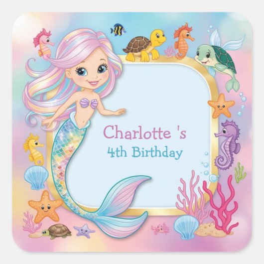 かわいいレインボーマーメイドフィッシュシーホースのスター誕生日 スクエアシール (正面)