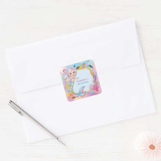 かわいいレインボーマーメイドフィッシュシーホースのスター誕生日 スクエアシール (封筒)