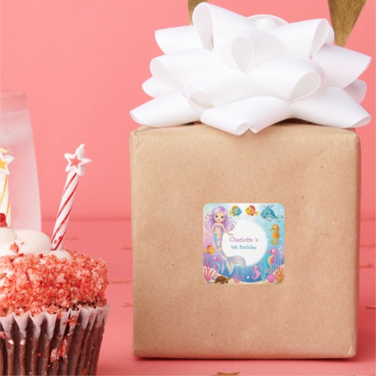 かわいいレインボーマーメイドフィッシュシーホース誕生日 スクエアシール (パーティー)