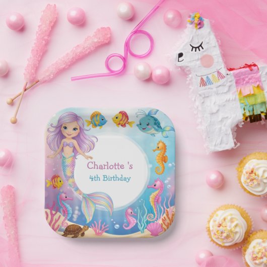 かわいいレインボーマーメイドフィッシュシーホース誕生日 ペーパープレート (パーティー)