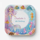 かわいいレインボーマーメイドフィッシュシーホース誕生日 ペーパープレート (正面)