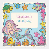 かわいいレインボーマーメイドフィッシュタートスター誕生日 スクエアシール (正面)
