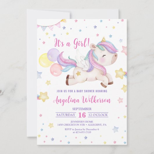 かわいいレインボーユニコーンガールベビーシャワー招待状 招待状 (正面)