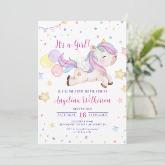かわいいレインボーユニコーンガールベビーシャワー招待状 招待状 (スタンド正面)