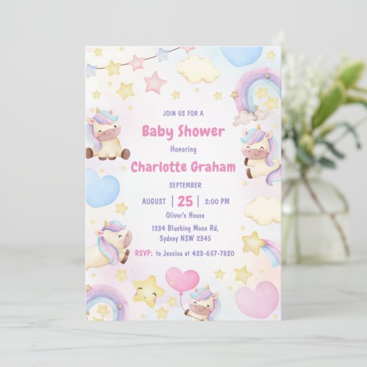かわいいレインボーユニコーンガールベビーシャワー招待状 招待状 (スタンド正面)