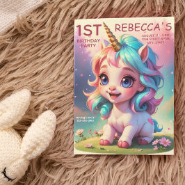 かわいいレインボーユニコーンガール1st誕生日パーティー 招待状