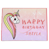 かわいいレインボーユニコーングリッター誕生日キッズネーム ラージペーパーバッグ (正面)