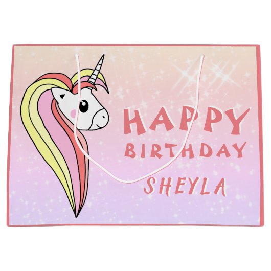 かわいいレインボーユニコーングリッター誕生日キッズネーム ラージペーパーバッグ (正面)