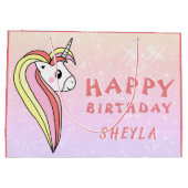 かわいいレインボーユニコーングリッター誕生日キッズネーム ラージペーパーバッグ (裏面)