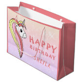 かわいいレインボーユニコーングリッター誕生日キッズネーム ラージペーパーバッグ (正面アングル)