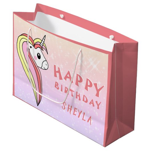 かわいいレインボーユニコーングリッター誕生日キッズネーム ラージペーパーバッグ (正面アングル)