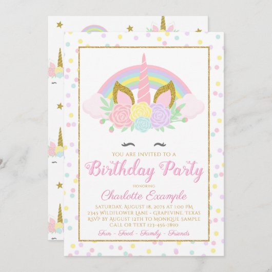 かわいいレインボーユニコーンバースデーパーティ招待状 招待状 (正面/裏面)
