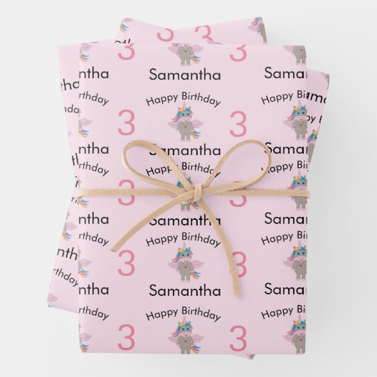 かわいいレインボーユニコーンピンクガールネーム&エイジ誕生日 ラッピングペーパーシート (インサイチュ)