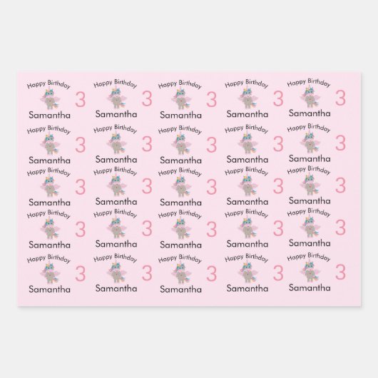 かわいいレインボーユニコーンピンクガールネーム&エイジ誕生日 ラッピングペーパーシート (正面)