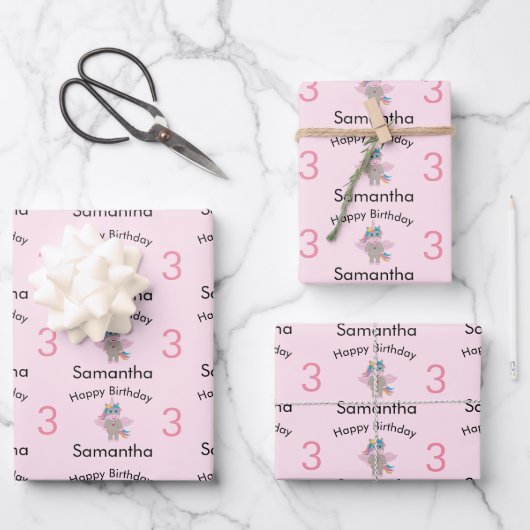 かわいいレインボーユニコーンピンクガールネーム&エイジ誕生日 ラッピングペーパーシート (正面)