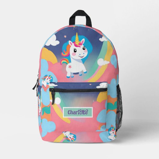 かわいいレインボーユニコーンピンクパープルイエロー プリントバックパック (正面)