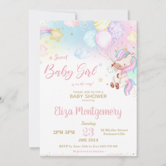 かわいいレインボーユニコーン女の子の赤ちゃんシャワー 招待状 (正面)