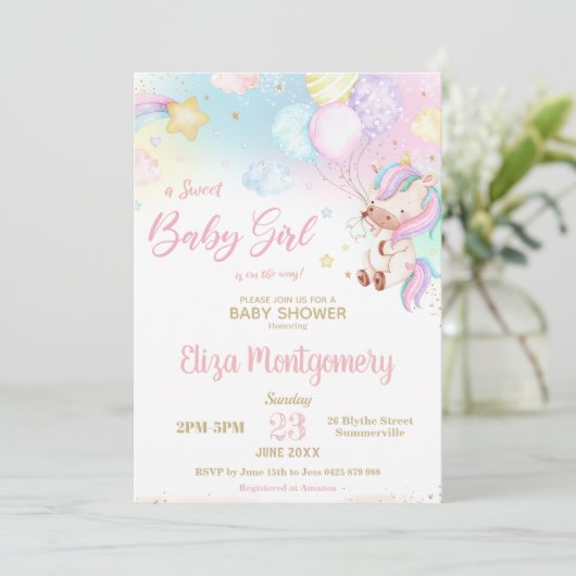 かわいいレインボーユニコーン女の子の赤ちゃんシャワー 招待状 (スタンド正面)
