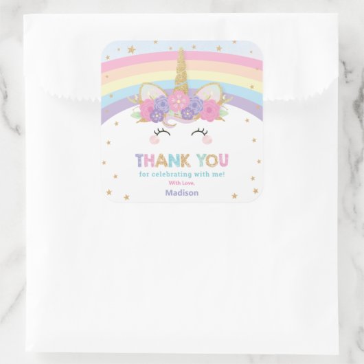 かわいいレインボーユニコーン第1回第2回誕生日パーティーのお願い スクエアシール (バッグ)