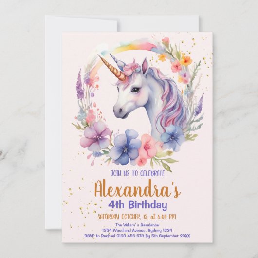 かわいいレインボーユニコーン誕生日パーティー 招待状 (正面)