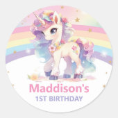 かわいいレインボーユニコーン1歳誕生日感謝祭のお礼 ラウンドシール (正面)