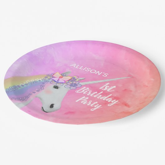 かわいいレインボーユニコーン1stバースデーウォーターカラーパーティー ペーパープレート (アングル)