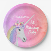 かわいいレインボーユニコーン1stバースデーウォーターカラーパーティー ペーパープレート (正面)