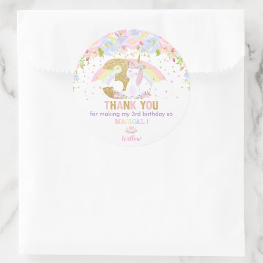 かわいいレインボーユニコーン3歳の誕生日ありがとう ラウンドシール (バッグ)
