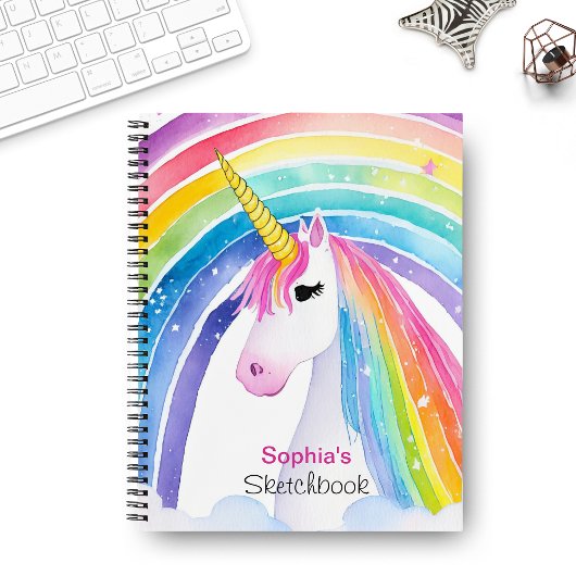 かわいいレインボーユニコーン スケッチブック モノグラム お名前入り ノートブック