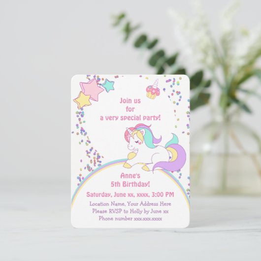 かわいいレインボーユニコーン&スターズガールバースデーパーティー 招待状 (スタンド正面)