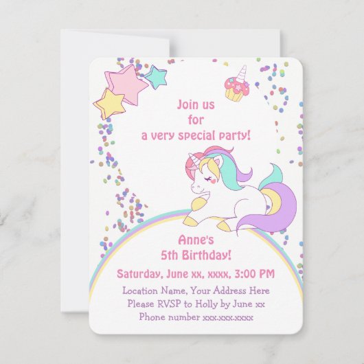 かわいいレインボーユニコーン&スターズガールバースデーパーティー 招待状 (正面)