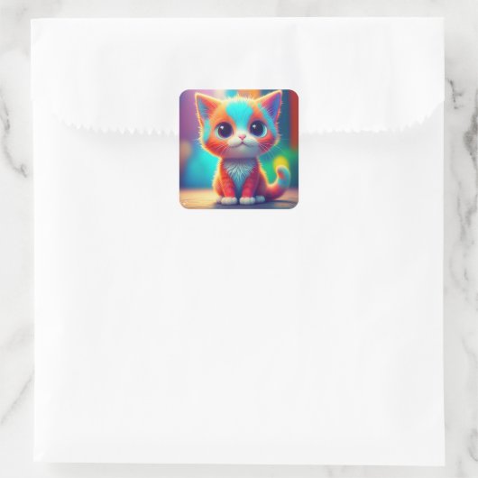 かわいいレインボー色の着子猫マンガ スクエアシール (バッグ)