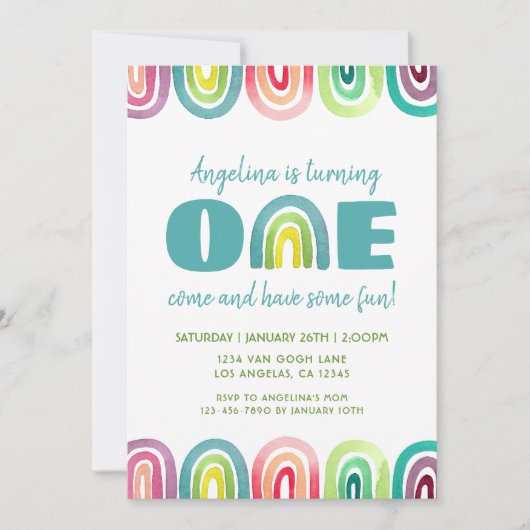 かわいいレインボー1st誕生日パーティー水彩 招待状 (正面)