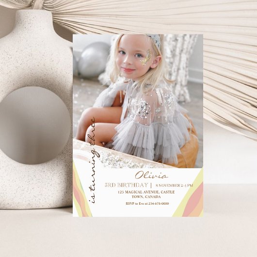 かわいいレインボー3rdフォト招待状ガーリーバースデーパーティー 招待状