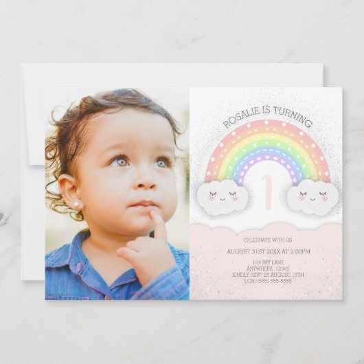 かわいいレインボー&クラウドガール誕生日写真 招待状 (正面)