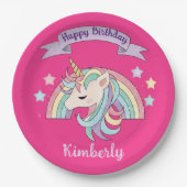 かわいいレインボー&スパークリユニコーンホットピンク誕生日 ペーパープレート (正面)