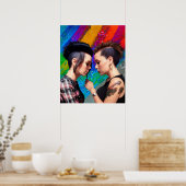 かわいいレズビアンカップル虹アート ポスター (キッチン)