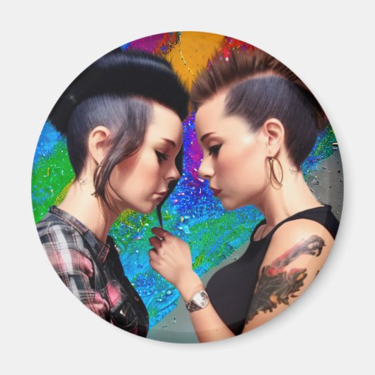 かわいいレズビアンカップル虹アート マグネット (正面)