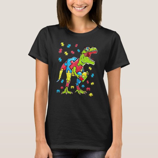 かわいいレックス恐竜サングラス自閉症啓発ボーイズ Tシャツ (正面)