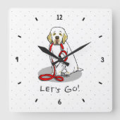 かわいいレッツゴー!散歩の時間だよ Clumber Spaniel 犬 (レモン1) スクエア壁時計 (正面)