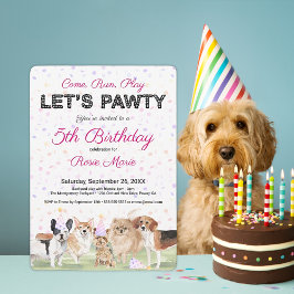 かわいいレッツパーティーピンクのオーダーメイド犬の誕生日パーティー 招待状