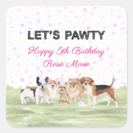 かわいいレッツパーティー ピンクのカスタム犬の誕生日パーティー スクエアシール