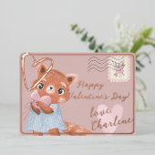 かわいいレッドパンダの郵便葉書 バレンタインデー ピンク 箔シーズンカード (立ち正面)
