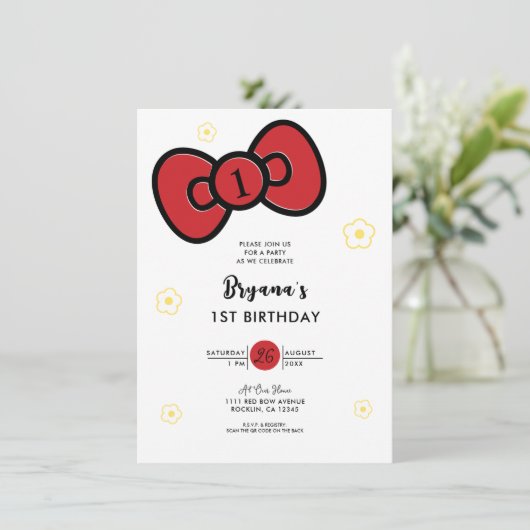 かわいいレッドボウお洒落バースデーパーティー 招待状 (スタンド正面)